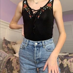 body suit black and floral lace up